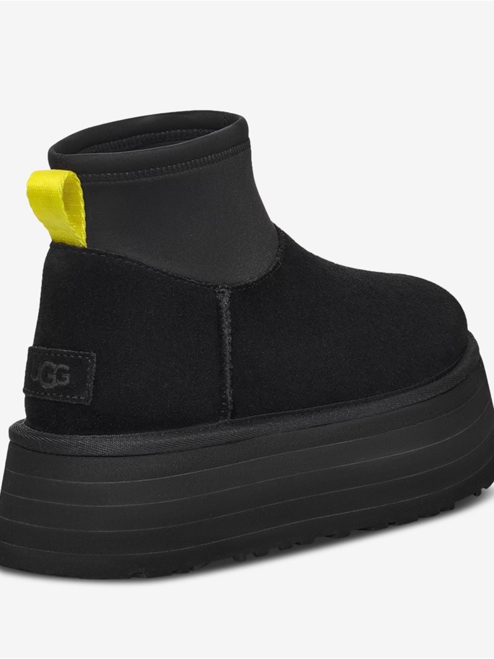 UGG Black Platform Ankle Boot with Yellow Pull Tab